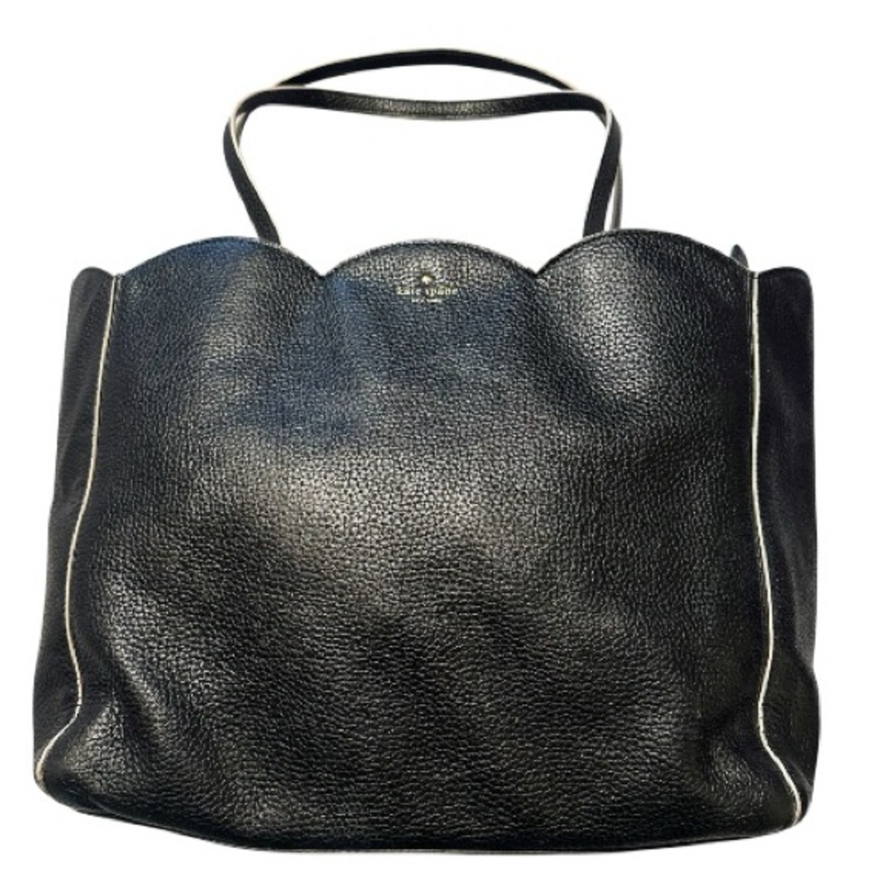 Kate Spade Black Pebbled Leather Scalloped Tote w/ White Trim & Stripped Lining